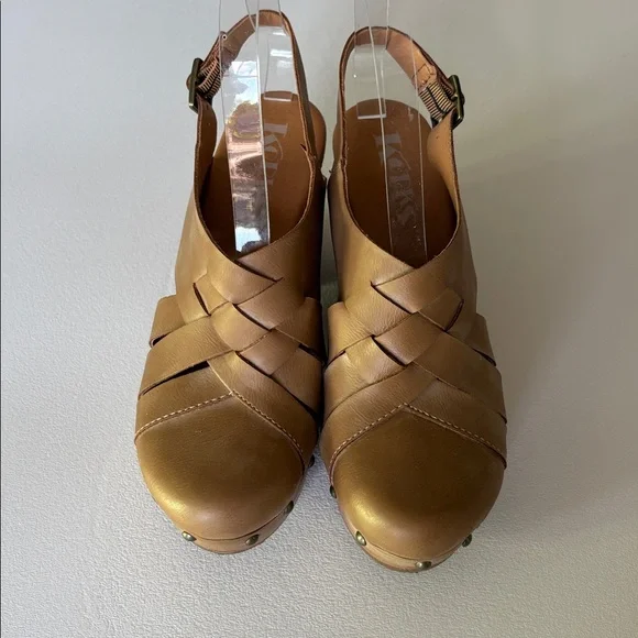 Korks by Kork Ease Platform Clogs Sandals in Washed Tan Buckle Studs Size 7 - Picture 3 of 10